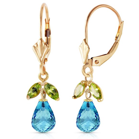 14K GOLD LEVERBACK EARRING W BLUE TOPAZ & PERIDOTS - Picture 3 of 5